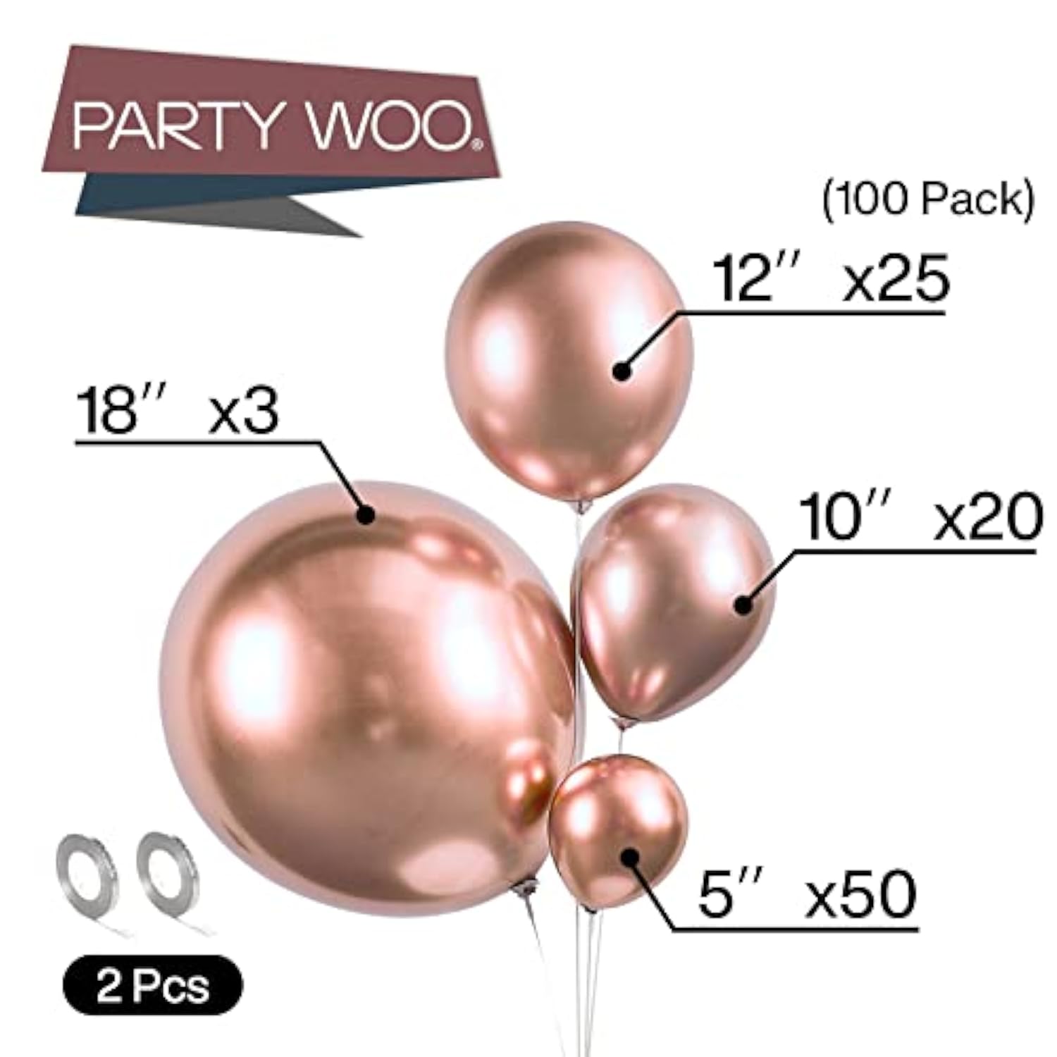 100 Rose Gold Balloons in Mixed Sizes – Chrome Balloon Garland Kit for Parties & Events