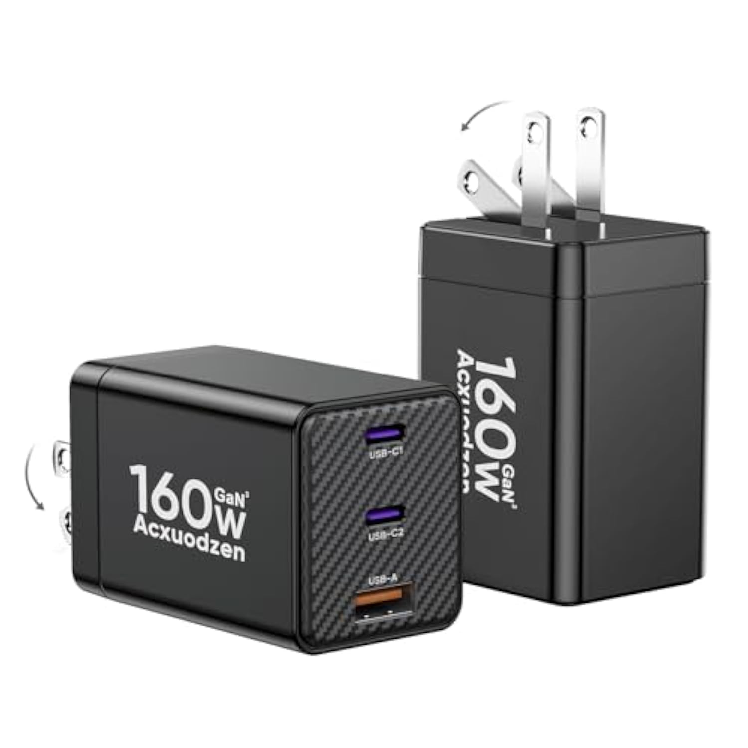 [2 Pack] Usb C Charger Block 160W, 3-Port Gan Super Fast Charger, Dual 65W Type C Charging Block, Foldable Qc3.0 Laptop Fast Charging Adapter For Macbook, Iphone, Samsung, Galaxy, Ipad, Android, Black