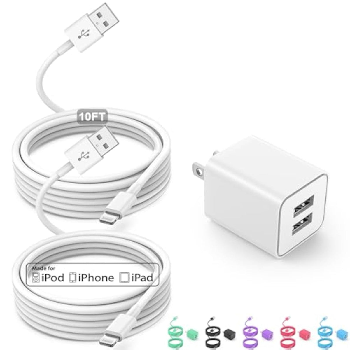 Usb Wall Charger And Lightning Cable,[Apple Mfi Certified] Iphone Charger With Lightning Cord,2 Ports Charging Plug Block Box For Iphone 12/11/Xr/X/Xs/Xr/8/7/6/6S Plus/Se/5C/Ipad-10Ft-White