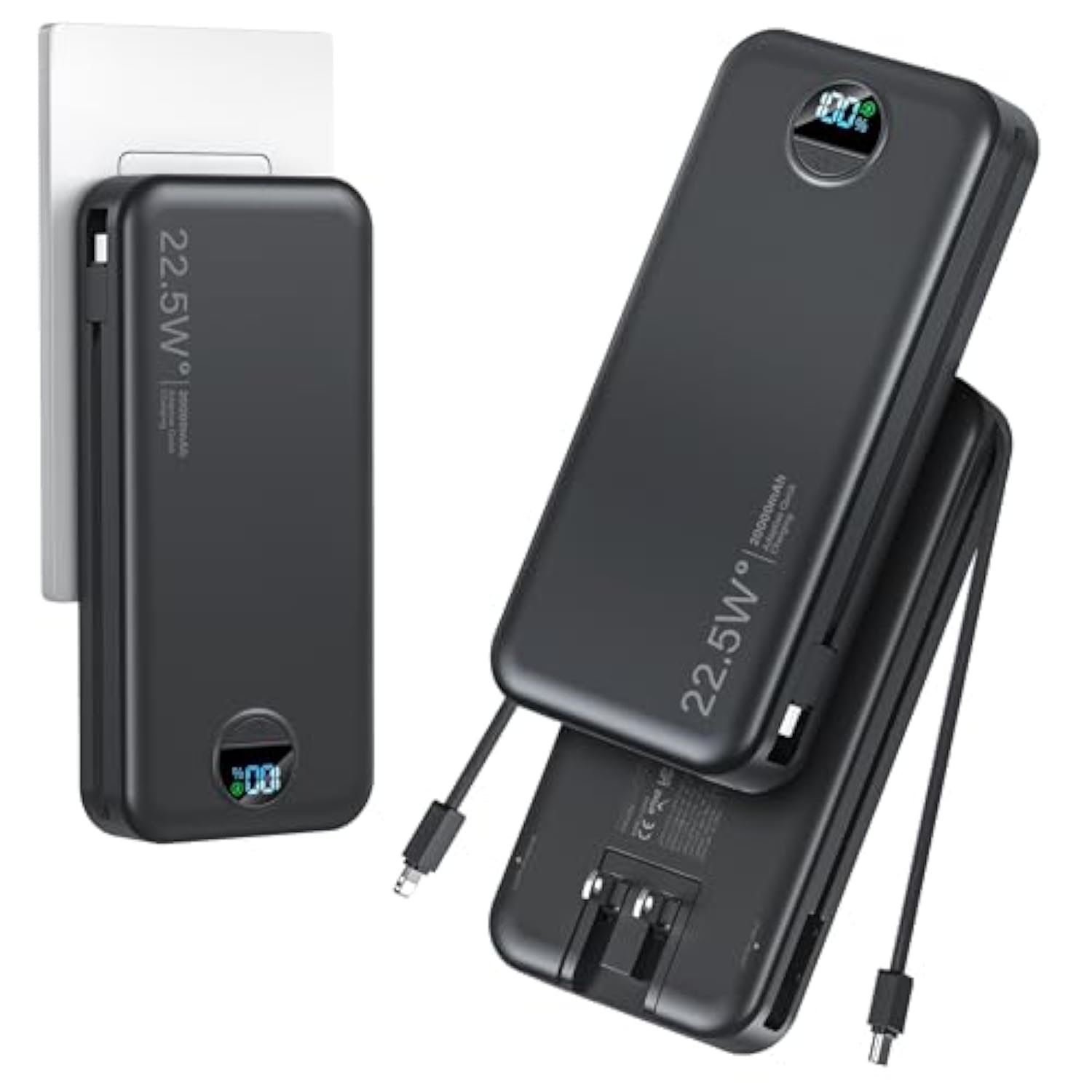 20000Mah Ultra-Portable-Charger-Power-Bank With Built In Cables&Ac Wall Plug,Pd20W Usb-C Fast Charging Cell Phone Charger Battery Pack,Led Display Travel Battery Bank For All Iphone,Samsung,Android
