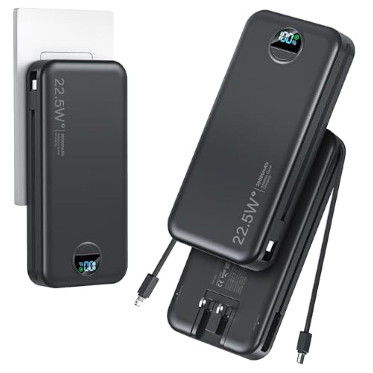 20000Mah Ultra-Portable-Charger-Power-Bank With Built In Cables&Ac Wall Plug,Pd20W Usb-C Fast Charging Cell Phone Charger Battery Pack,Led Display Travel Battery Bank For All Iphone,Samsung,Android