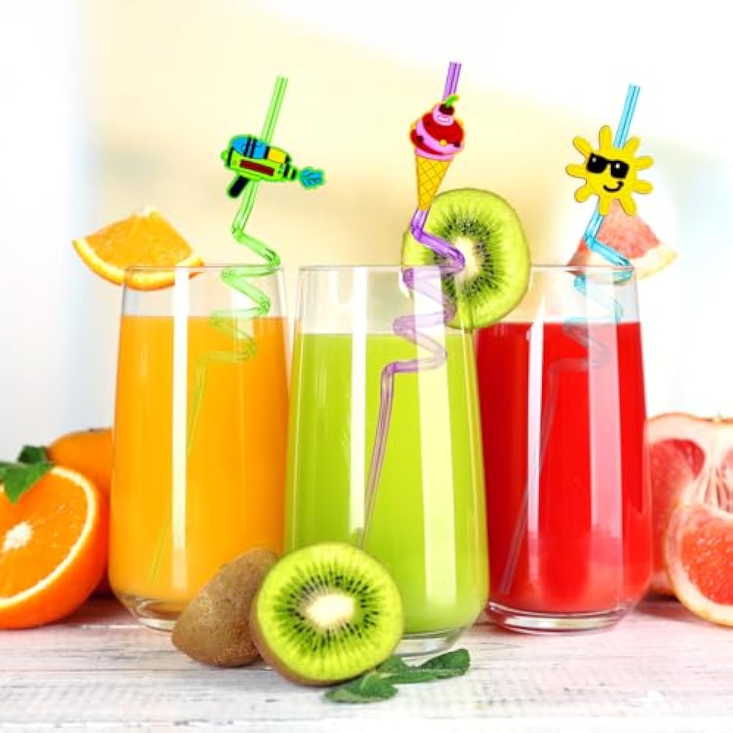 24Pcs Beach Drinking Straws Reusable For Kids Pool Theme Birthday Party Favors Supplies Decorations With 2 Pcs Cleaning Brushes (Beach)