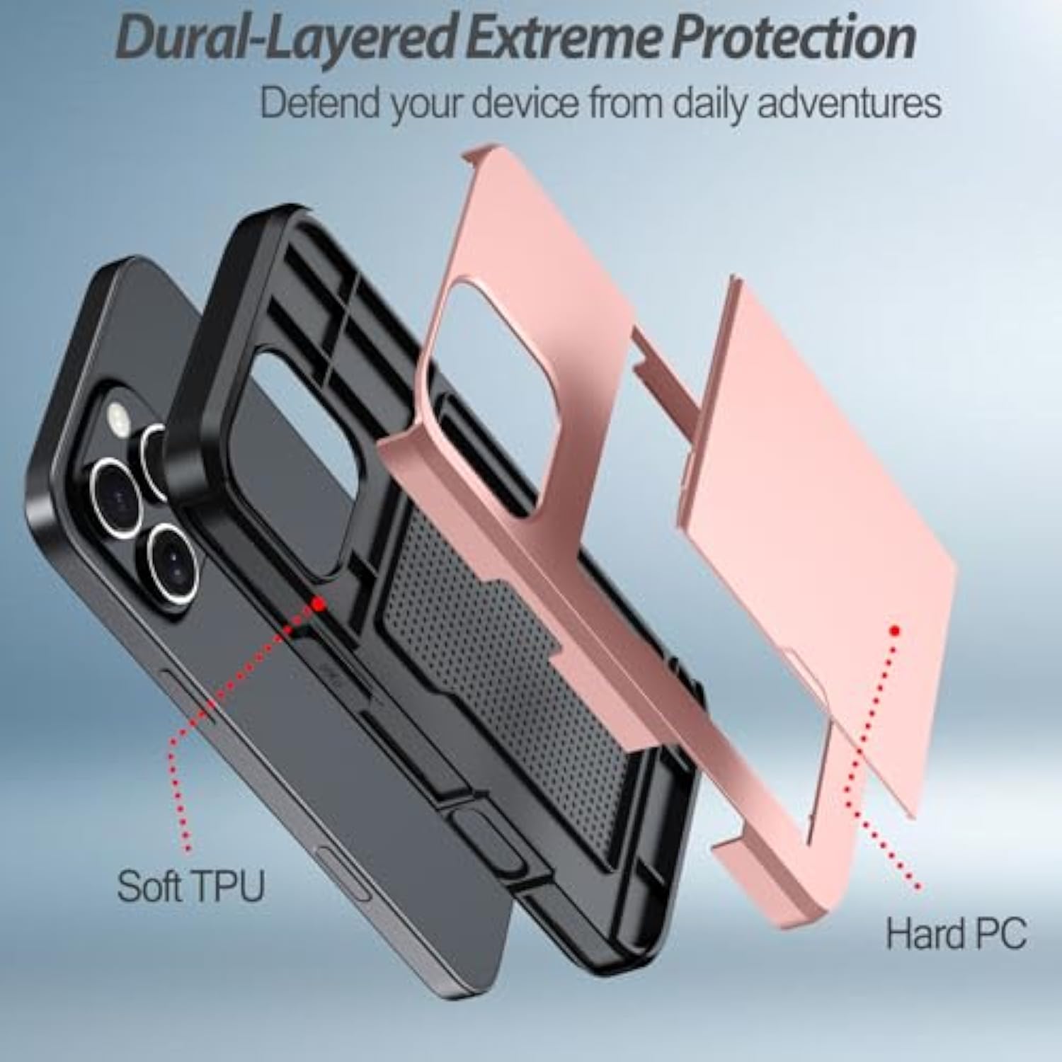 For 16 Pro Wallet Case With Card Holder + 2 Tempered Glass Screen Protector Protective Shockproof Hidden Card Slot Slim Case Women Men 16 Pro 6.3? 2024 (Rose Gold)