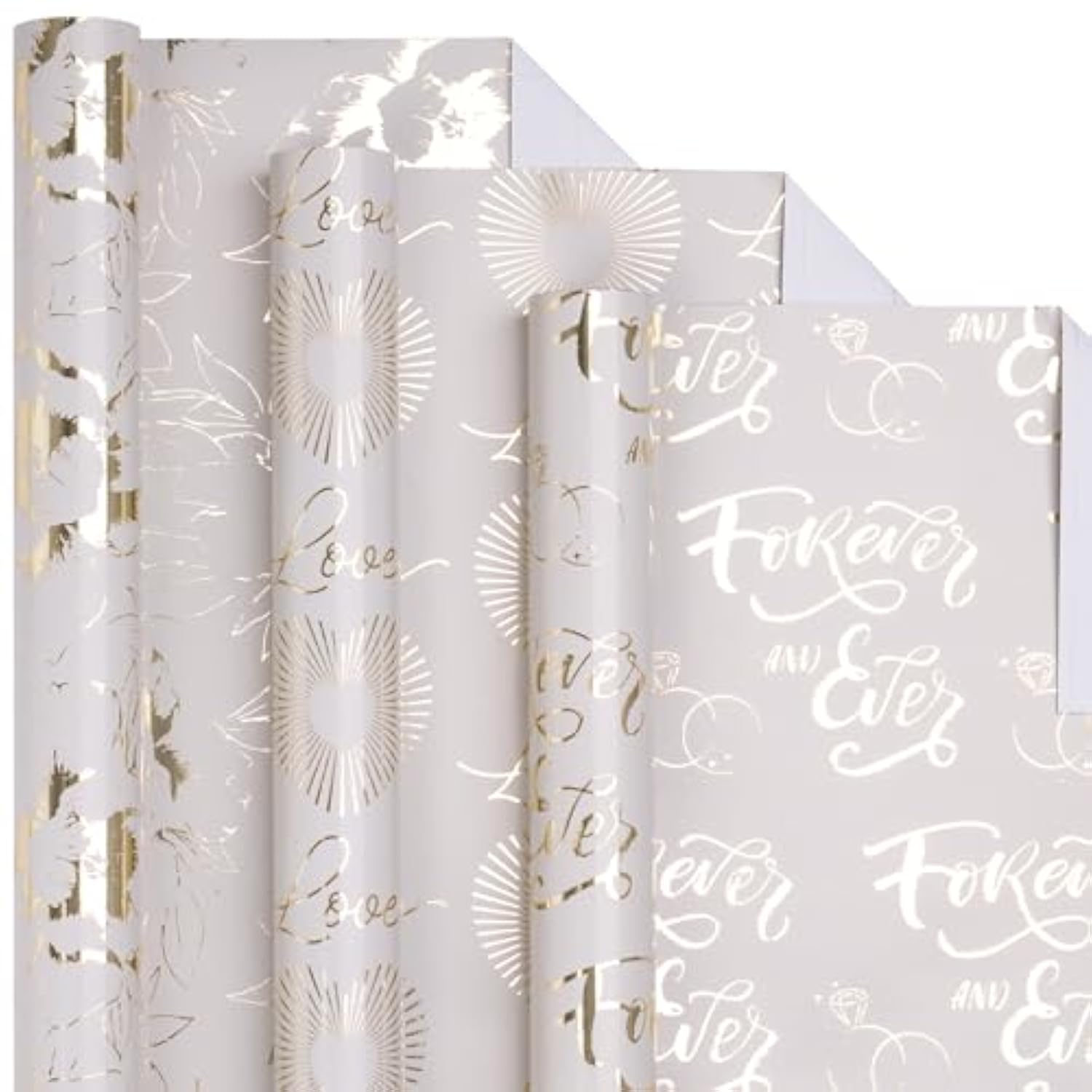 Gold Wedding Wrapping Paper Roll, Gold Flower, Love Heart, Ring & Forever And Ever Lettering Design For Wedding, Engagement, Bridal Shower, Anniversary, Mini Roll, 17 X 120 Inches, 3 Rolls