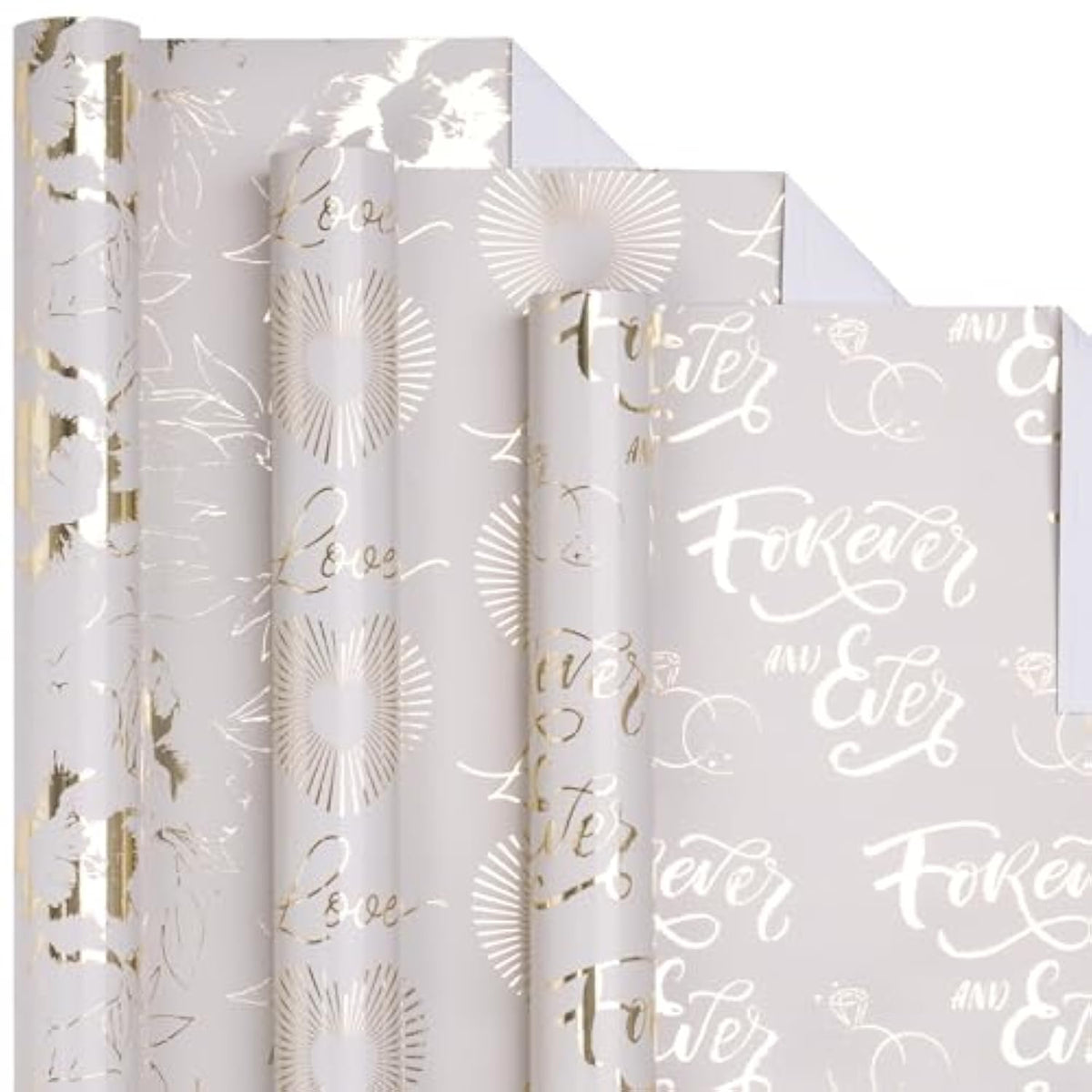 Gold Wedding Wrapping Paper Roll, Gold Flower, Love Heart, Ring & Forever And Ever Lettering Design For Wedding, Engagement, Bridal Shower, Anniversary, Mini Roll, 17 X 120 Inches, 3 Rolls