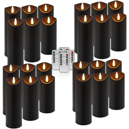 24 Pack Black Halloween Decoration Flickering Flameless Candles(D2.2 xH 5" 6" 7"), Battery Operated LED Pillar Candles with Remote Control and Timer,for Home Decor.