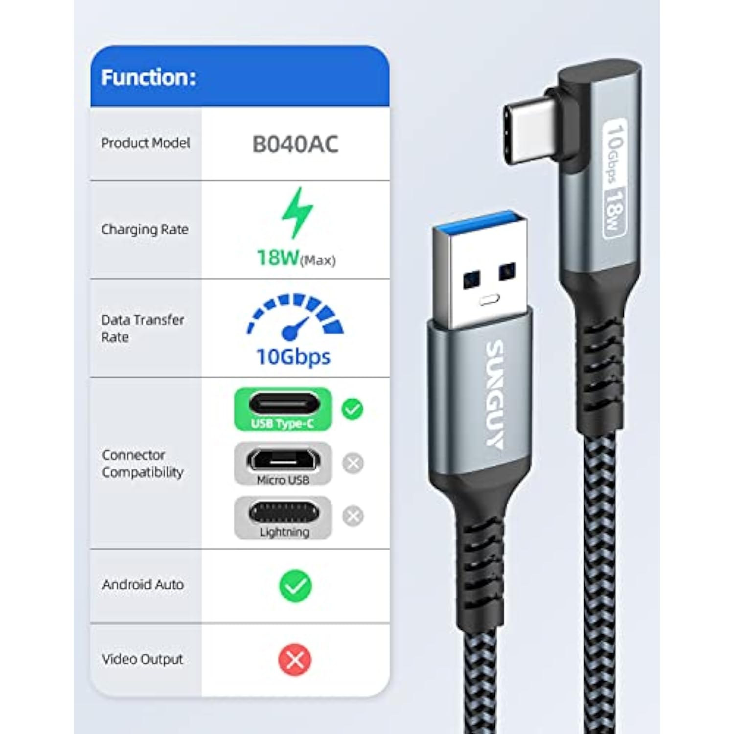 10Gbps Android Auto Usb C Cable 1Ft, Usb C 3.1 Gen 2 Cable Right Angle, 3A Fas