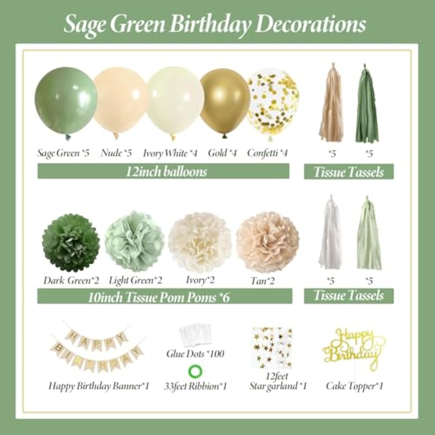 Sage Green Birthday Party Decorations With Banner, Tissue Tassels, Paper Pompoms, Balloons, Star Garland, Cake Topper