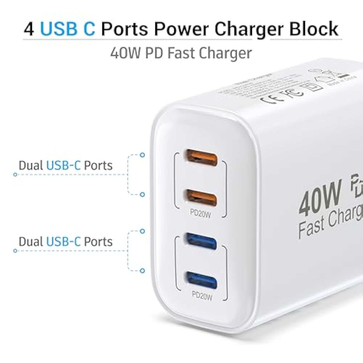 40W Usb C Charging Block, 4 Usb C Ports, Type C Wall Plug Fast Charger Cube, Power Adapter Box For Iphone 16, 15, 14, 13, 12, 11, Galaxy Phones, Watch, Tablet, Smartphones - 2Pack