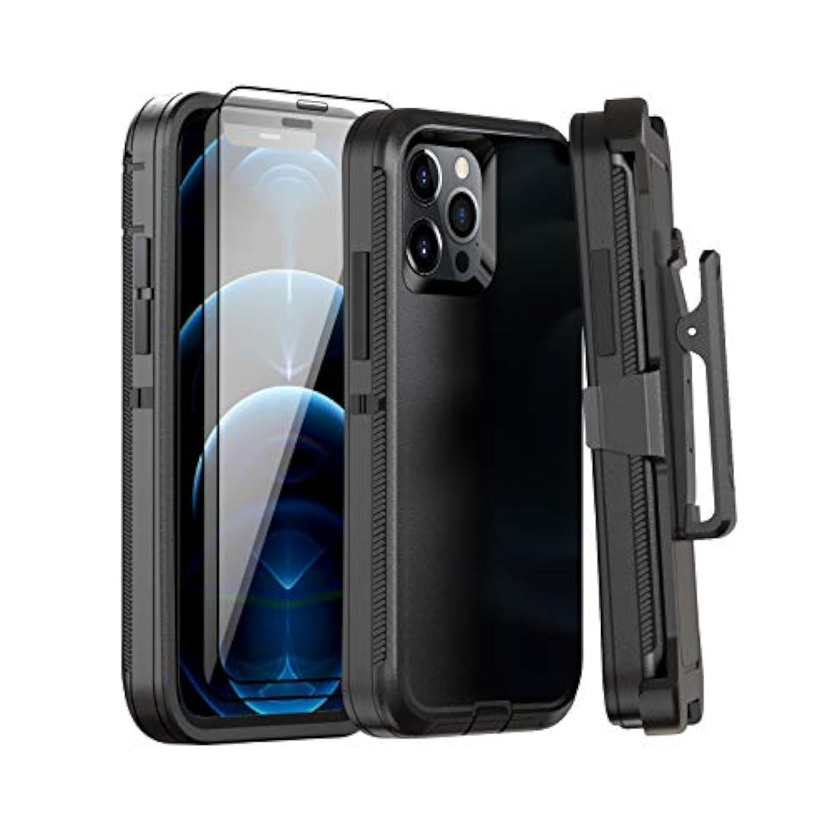 Case For Iphone 12 Pro Max Case 6.7" Belt-Clip Kickstand Holster With 2 Screen Protector,Full Body Rugged Heavy Duty Military Grade Shockproof/Drop Protection Cover (Black+Clip)
