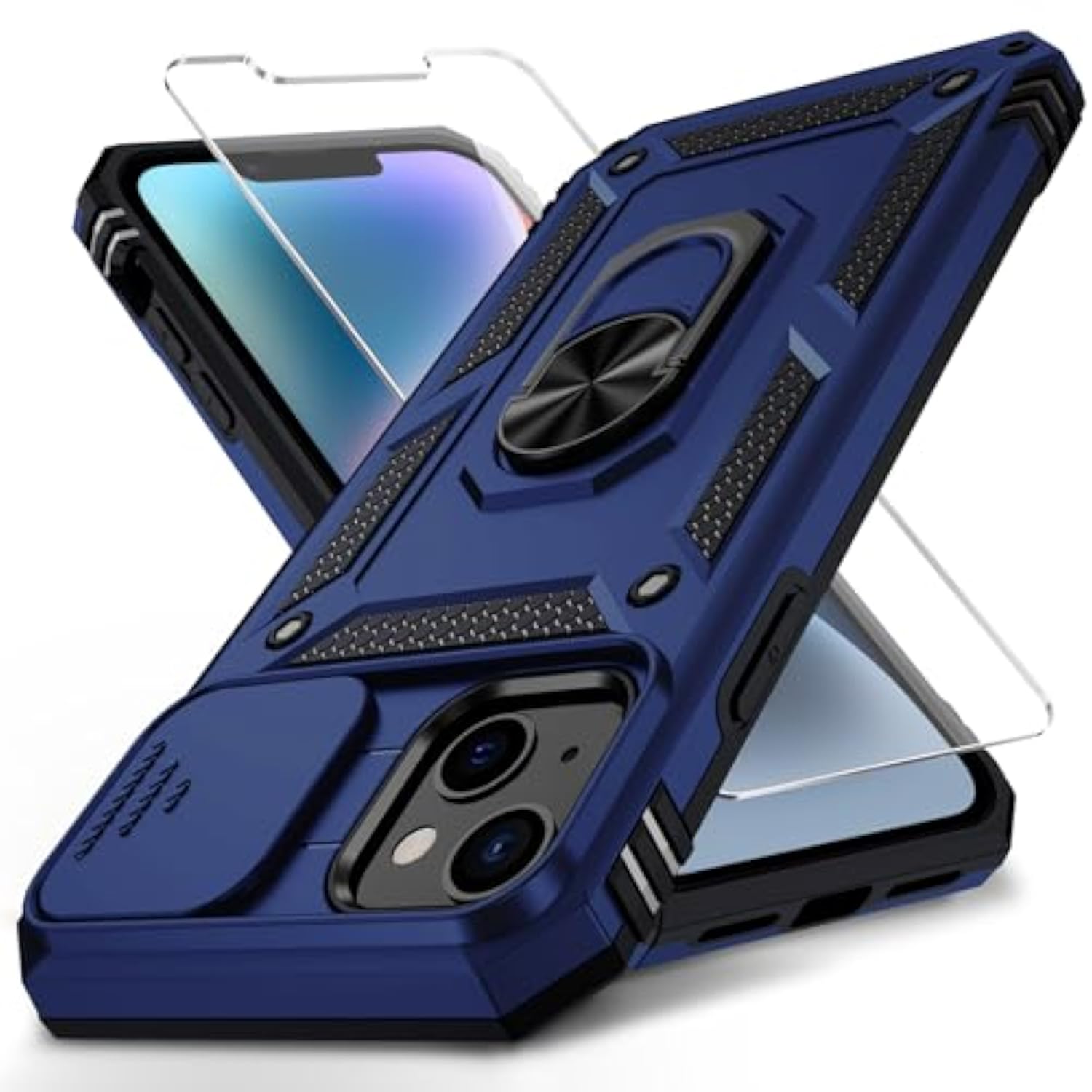 For Iphone 13 Case With Camera Lens Cover Hd Screen Protector, 10 Ft Military Grade Drop Protection, Magnetic Ring Holder Kickstand Protective Phone Case For Iphone 13 6.1 Inch, Navy Blue