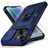 For Iphone 13 Case With Camera Lens Cover Hd Screen Protector, 10 Ft Military Grade Drop Protection, Magnetic Ring Holder Kickstand Protective Phone Case For Iphone 13 6.1 Inch, Navy Blue