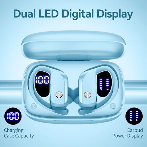 Ear Buds Wireless Earbuds Bluetooth Headphones with 80H Playtime LED Display Case, Over-Ear Hook with Mic, Stereo Sound, Easy Button Controls, Sports