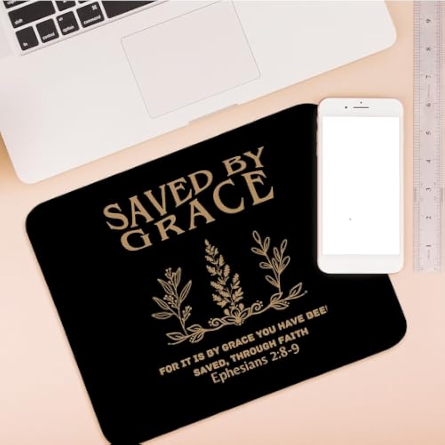 Christian Mouse Pad Bible Verses Small Mousepad, Saved By Grace Ephesians 2:8-9, Rectangle Black And Gold Travel Computer Mouse Pad For Laptop, Inspirational Christian Gifts For Women 11.8X9.8