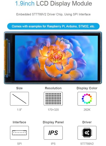 1.9Inch Lcd Display Module Ips Screen 170X320 Resolution 262K Display Colors Embedded St7789V2 Driver Chip 3.3V / 5V Spi Interface Compatible With Raspberry Pi/With Arduino/Stm32