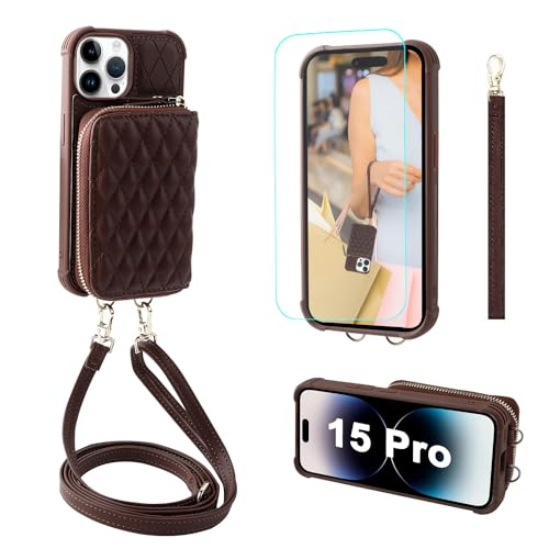 Zipper Wallet Case Compatible for iPhone 15 Pro,[Glass Screen Protector ][RFID Blocking] Flip Leather Handbag Phone Cover with Card Holder and