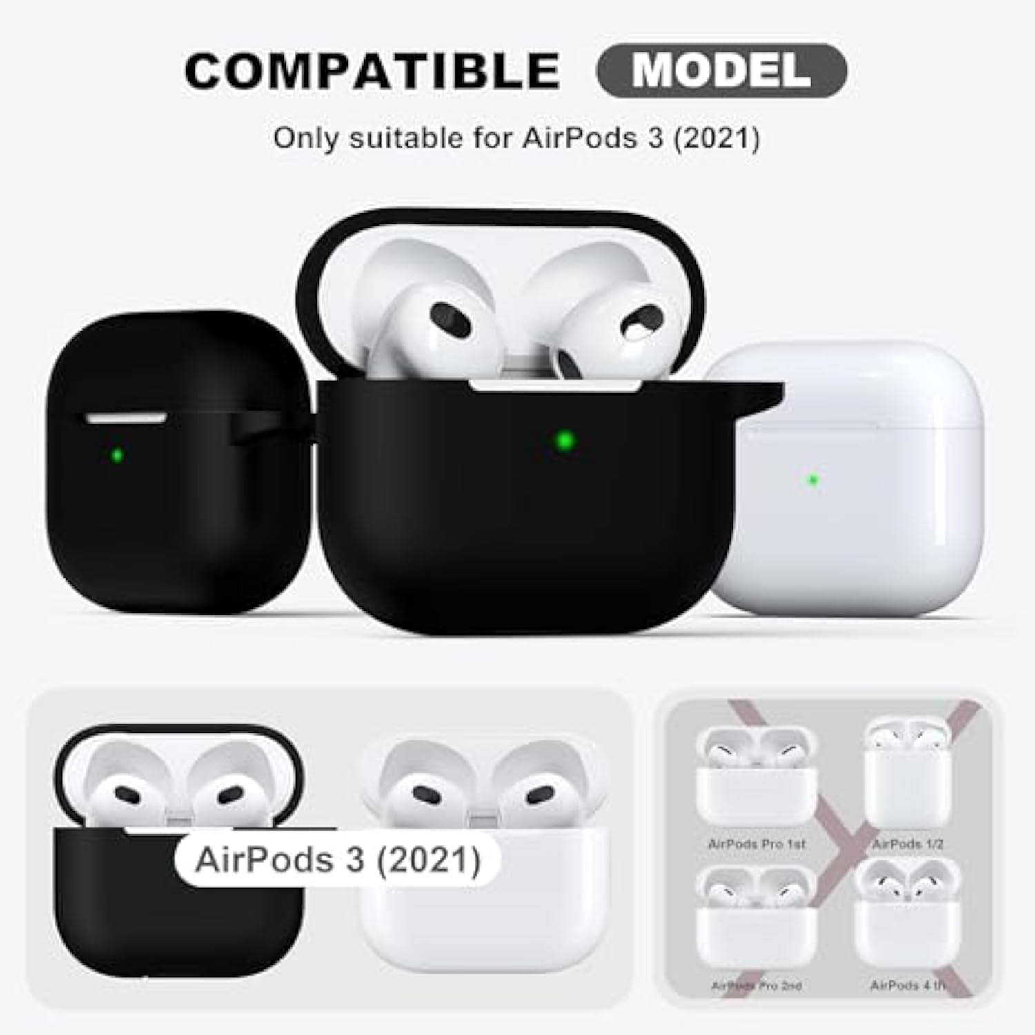 Compatible With Airpods 3 Case Cover, Silicone Protective Accessories Skin With Keychain Compatible With Apple Airpod 3Rd Generation 2021 For Women Men Girls Boys,Front Led Visible,Black