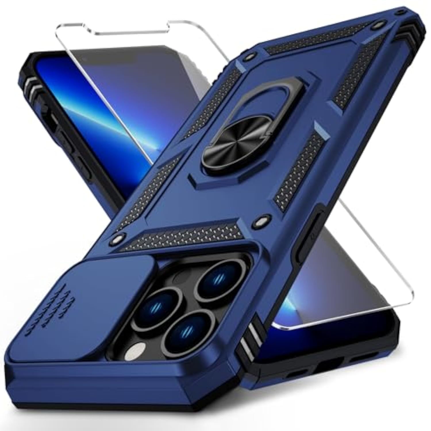 For Iphone 12 Pro Max Case With Camera Lens Cover, Hd Screen Protector, 10 Ft Military Grade Drop Protection, Magnetic Ring Holder Kickstand Protective Phone Case For Iphone 12 Pro Max ,Navy Blue