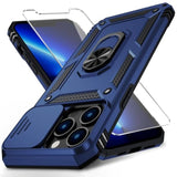 For Iphone 12 Pro Max Case With Camera Lens Cover, Hd Screen Protector, 10 Ft Military Grade Drop Protection, Magnetic Ring Holder Kickstand Protective Phone Case For Iphone 12 Pro Max ,Navy Blue
