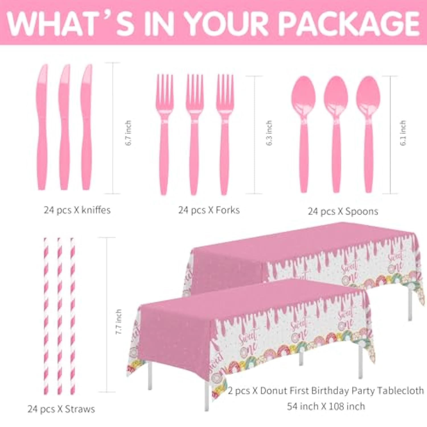 Donut “Sweet One” 1st Birthday Party Set – Pink Tableware for Girls, Serves 24 Guests