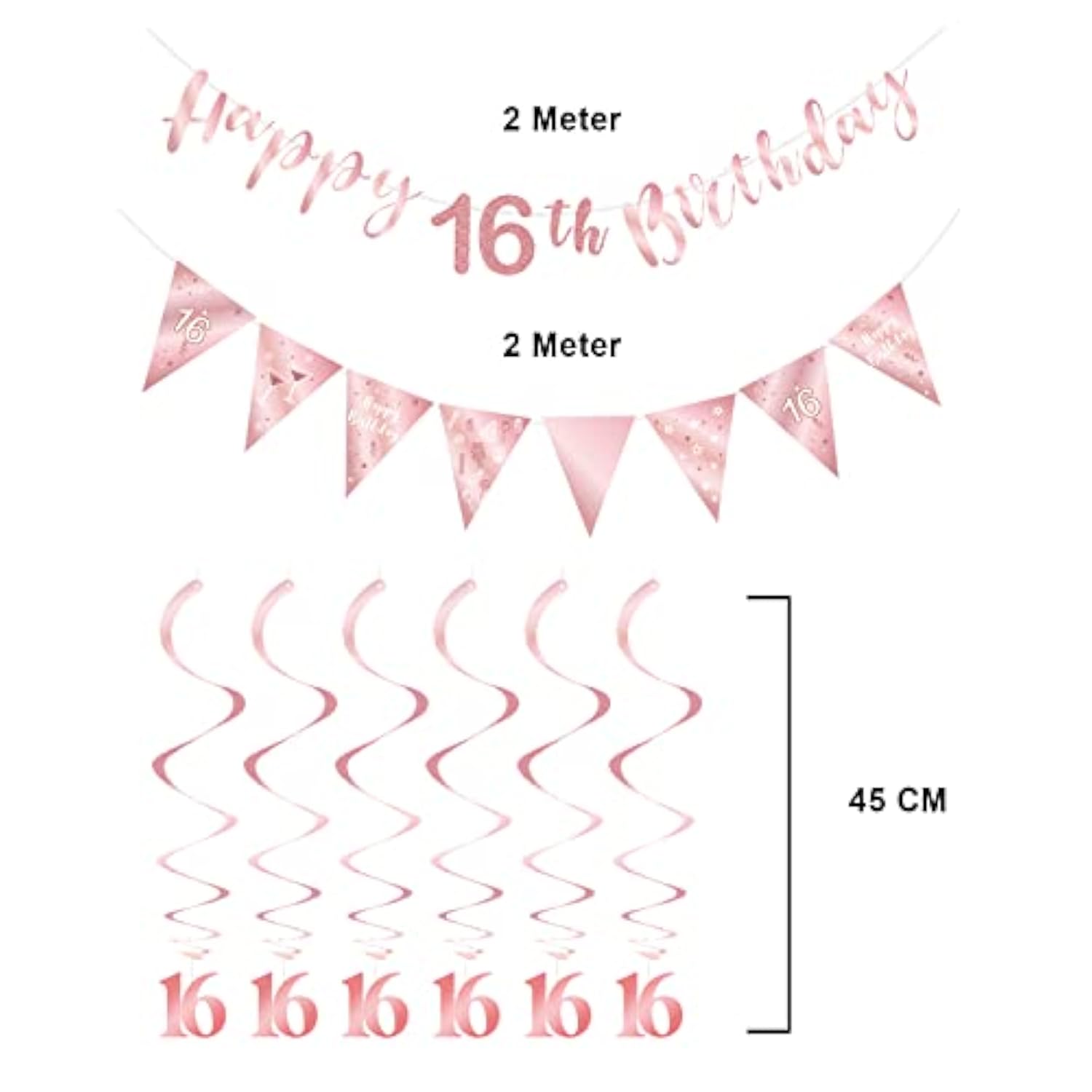 Rose gold 16th birthday decor with banner, bunting, swirls & triangle flags