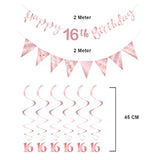 Rose gold 16th birthday decor with banner, bunting, swirls & triangle flags