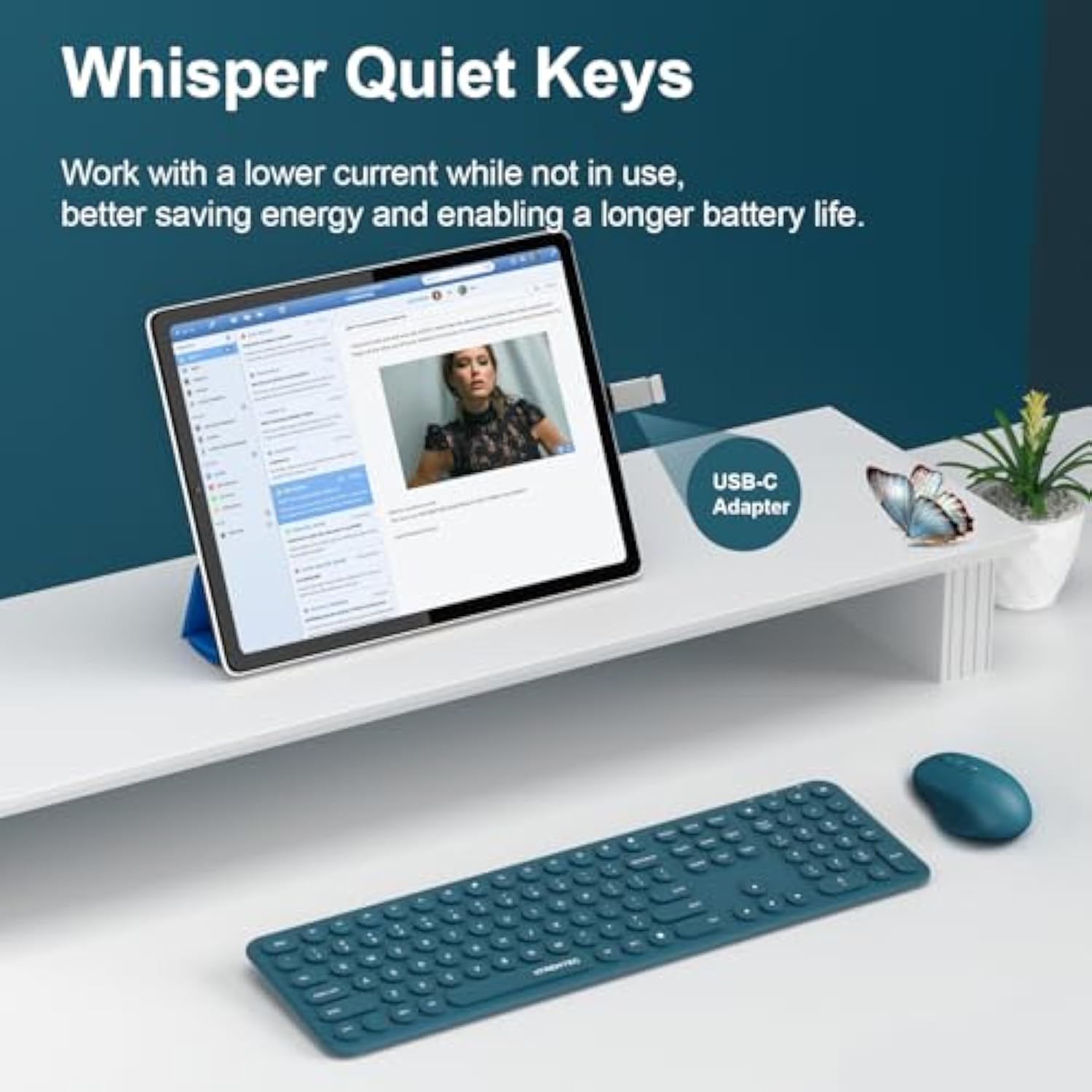 Full Size 2.4G Wireless Keyboard Mouse Combo, Ultra Slim Silent Cute Computer Keyboard With Usb Receiver For Windows, Os, Pc, Mac, Tablet (Navy Blue-A)