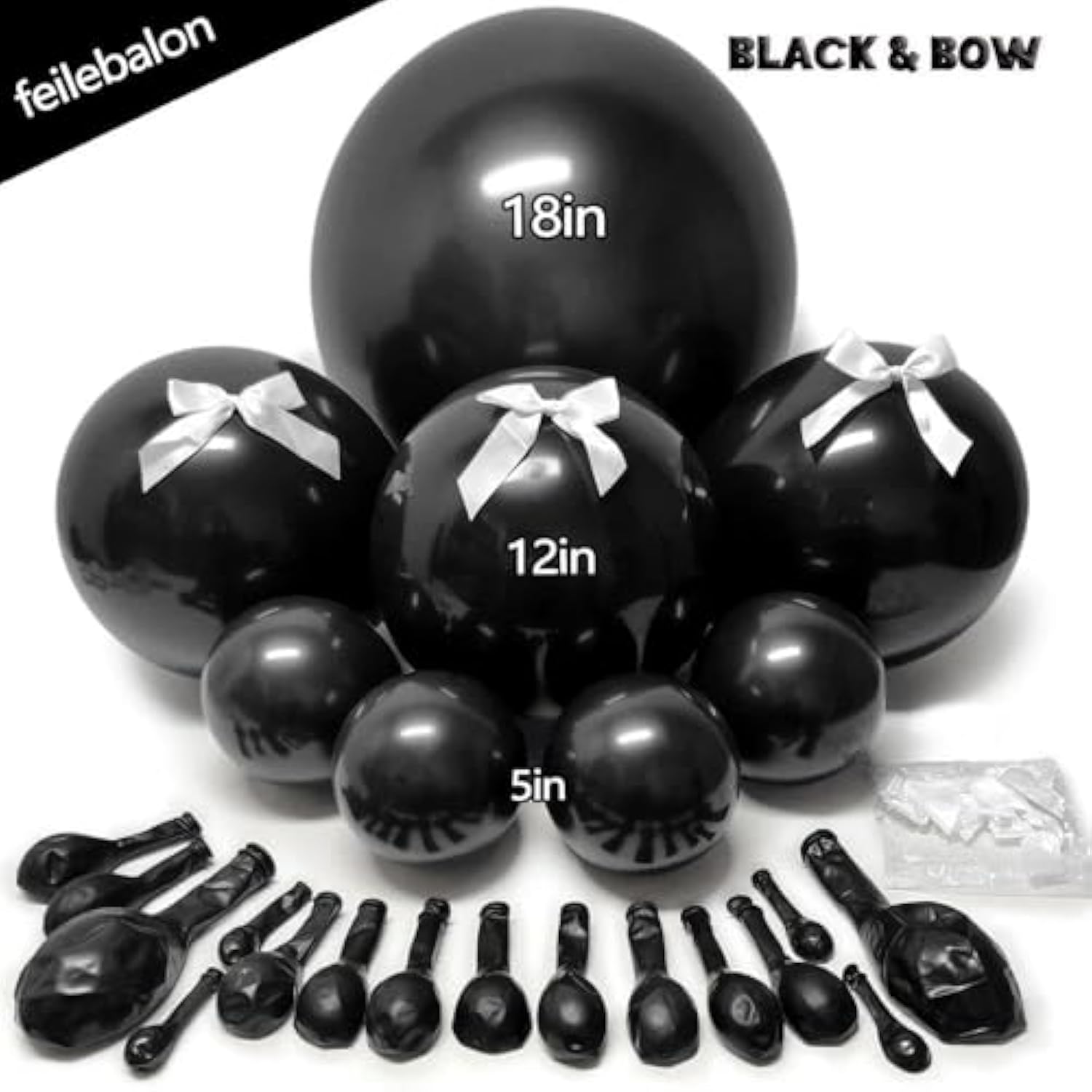 Double Stuffed Black Balloons Various Sizes Arch Garland Kit With White Bow