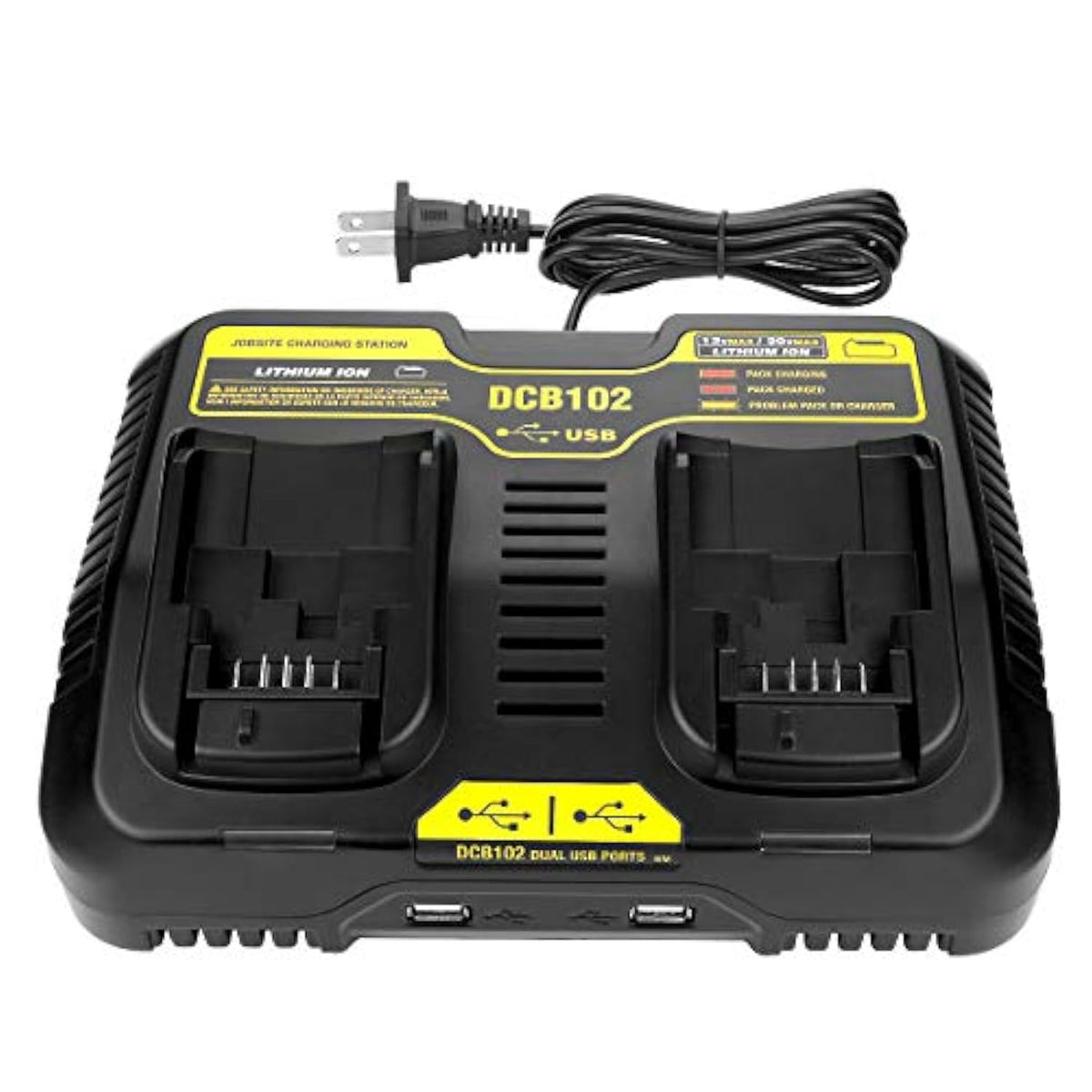 2Port Dcb102 Charger Repalcement For Dewalt 12V/20V Battery Charger Compatible With Dewalt 20V Max Dcb200 Dcb203 Dcb125 Dcb107 2-Port Simultaneous Charging Station For Dewat 20 Volt Battery