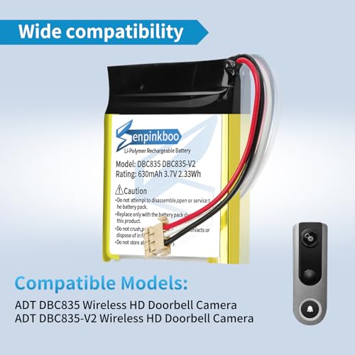 For Adt Dbc835 Dbc835-V2 Battery Upgraded [630Mah] For Adt Dbc835 Dbc835-V2 Hd Doorbell Camera Replacement Battery 3.7V