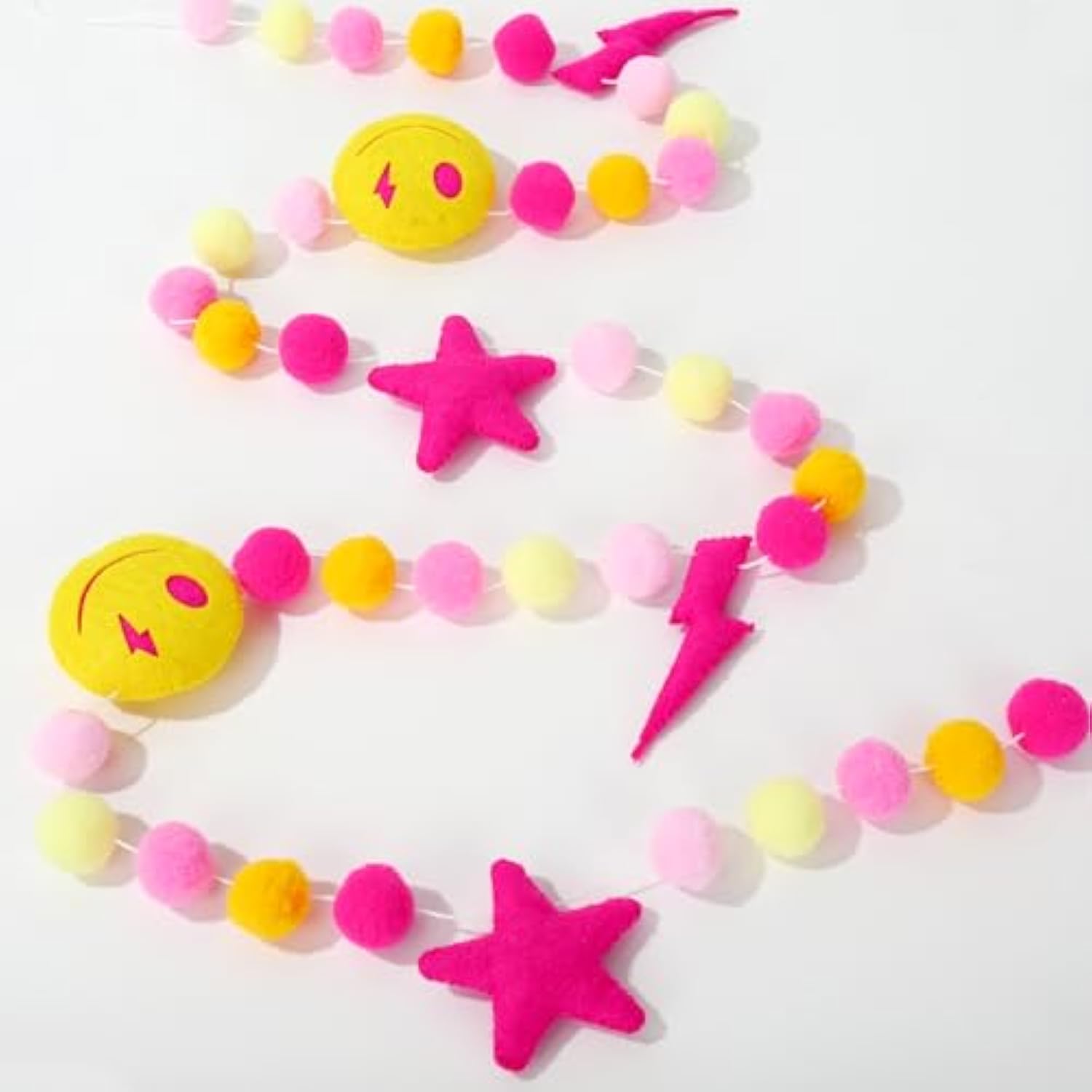Preppy Felt Banner 3D Pink Face Lighting Star Banner Felt Ball Garland Pre-Assembled Preppy Theme Bunting Garland For Back To School Dorm Classroom Hanging Decoration Party Supplies