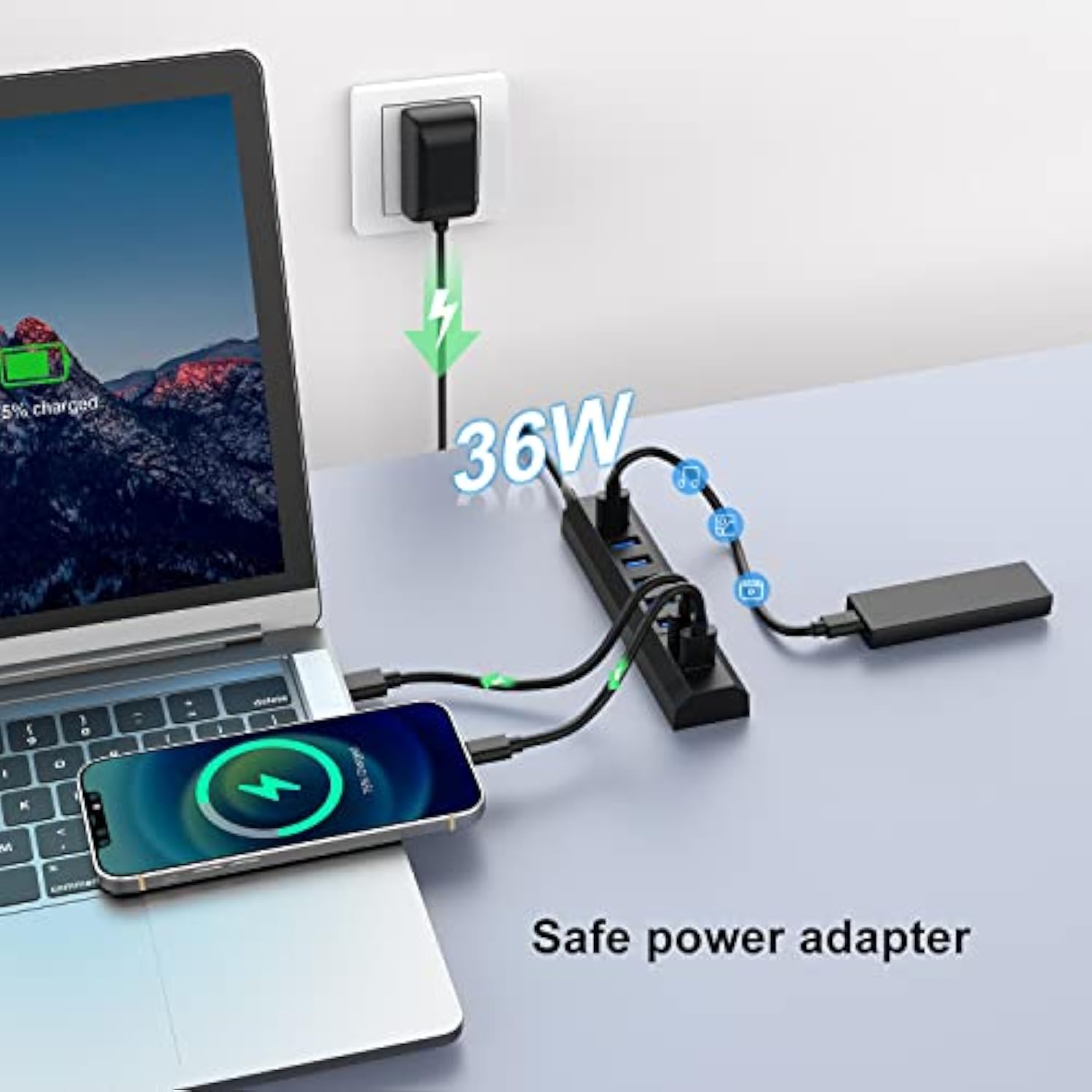 Usb Hub, 8 Ports High Speed Usb 3.0 Hub Splitter With 36W Power Adapter, 3.3Ft