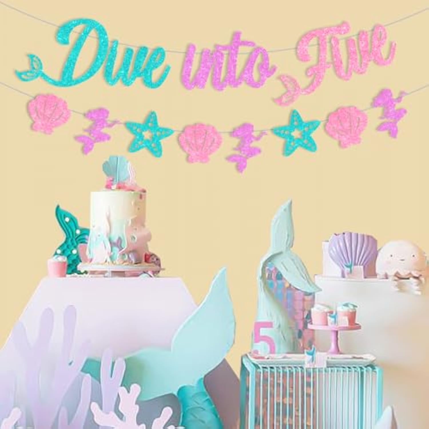 Mermaid 5Th Birthday Decorations, Dive Into Five Banner, Mermaid Birthday Banner Kit, Under The Sea Ocean 5 Years Old Bday Party Supplies For Girls
