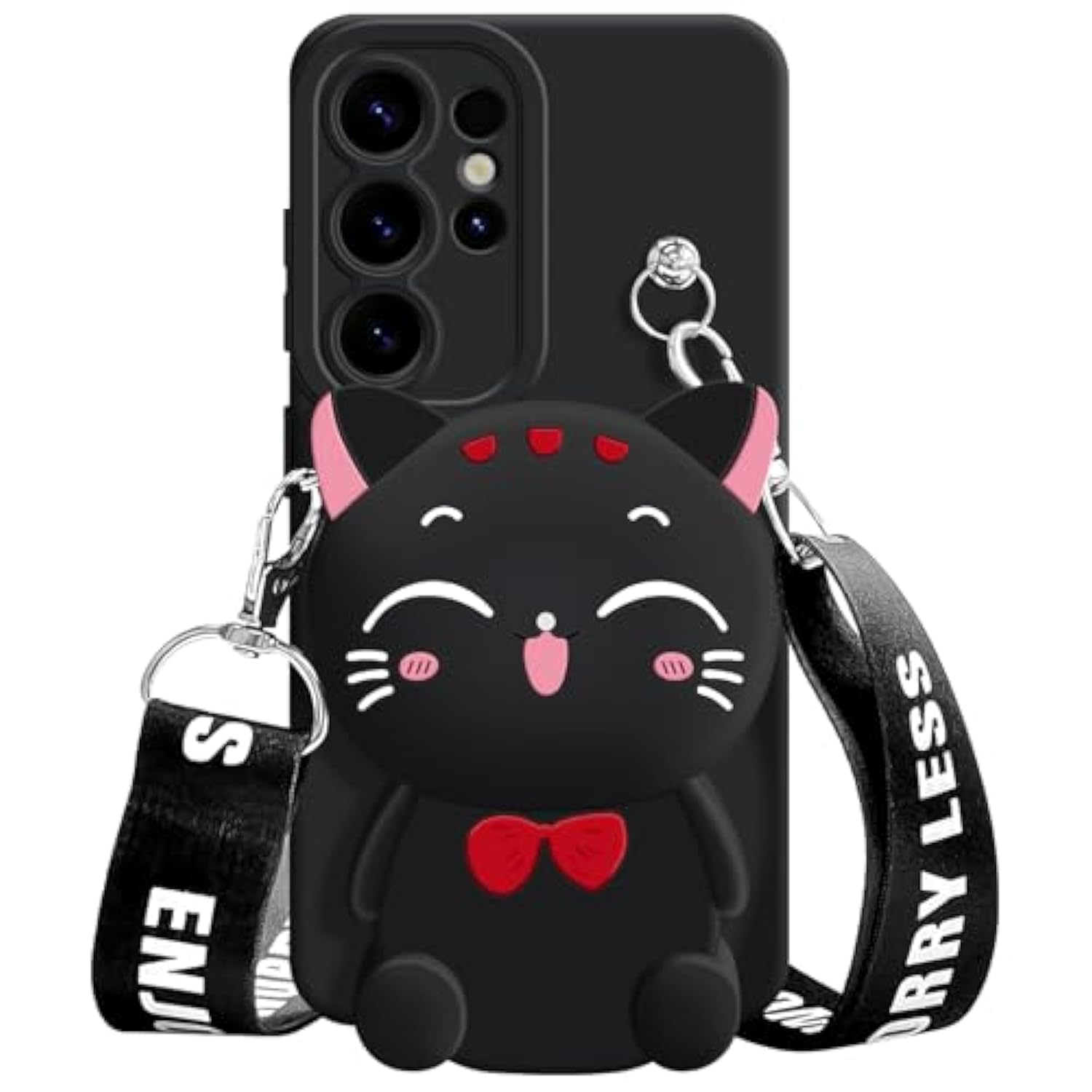 For Samsung Galaxy S24 Ultra Case, Cute Black Lucky Cat Coin Purse Fancy Phone Case For Women Girls With Crossbody Strap Kawaii Soft Silicone Cover For Galaxy S24 Ultra