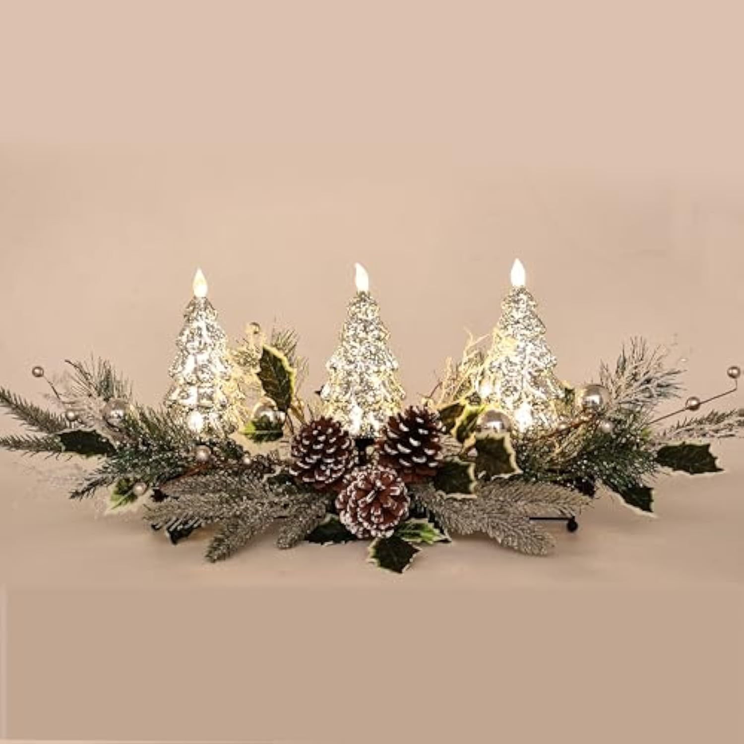 Christmas Table Centerpiece With Led Lights, Christmas Decoration With 3Pcs Silver Christmas Tree, Natural Pine Cones, Christmas Balls For Holiday Party, Home, Fireplace