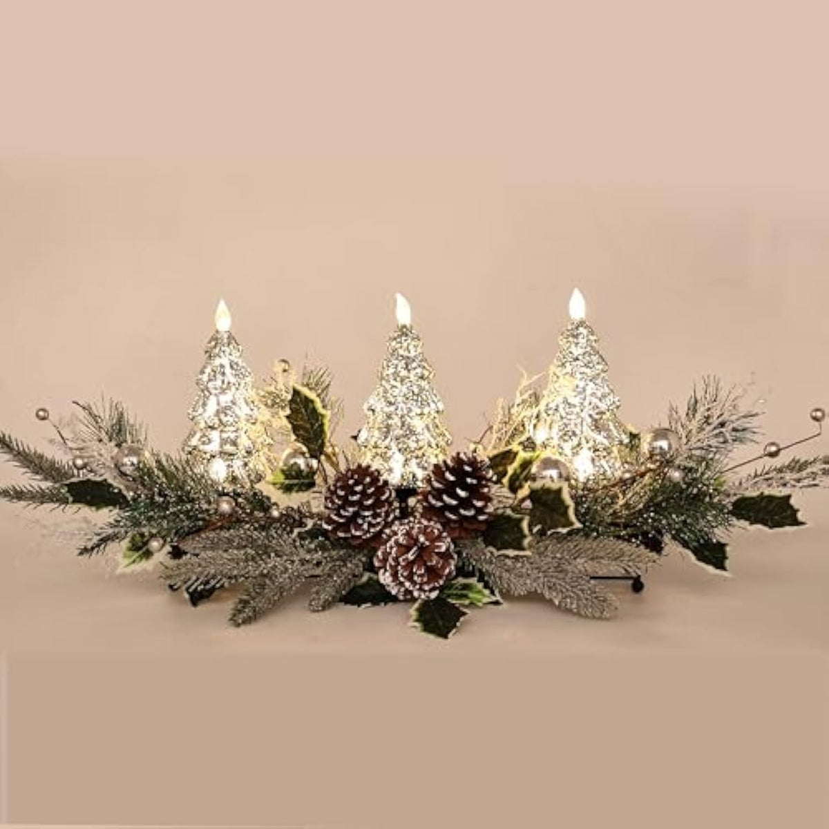 Christmas Table Centerpiece With Led Lights, Christmas Decoration With 3Pcs Silver Christmas Tree, Natural Pine Cones, Christmas Balls For Holiday Party, Home, Fireplace