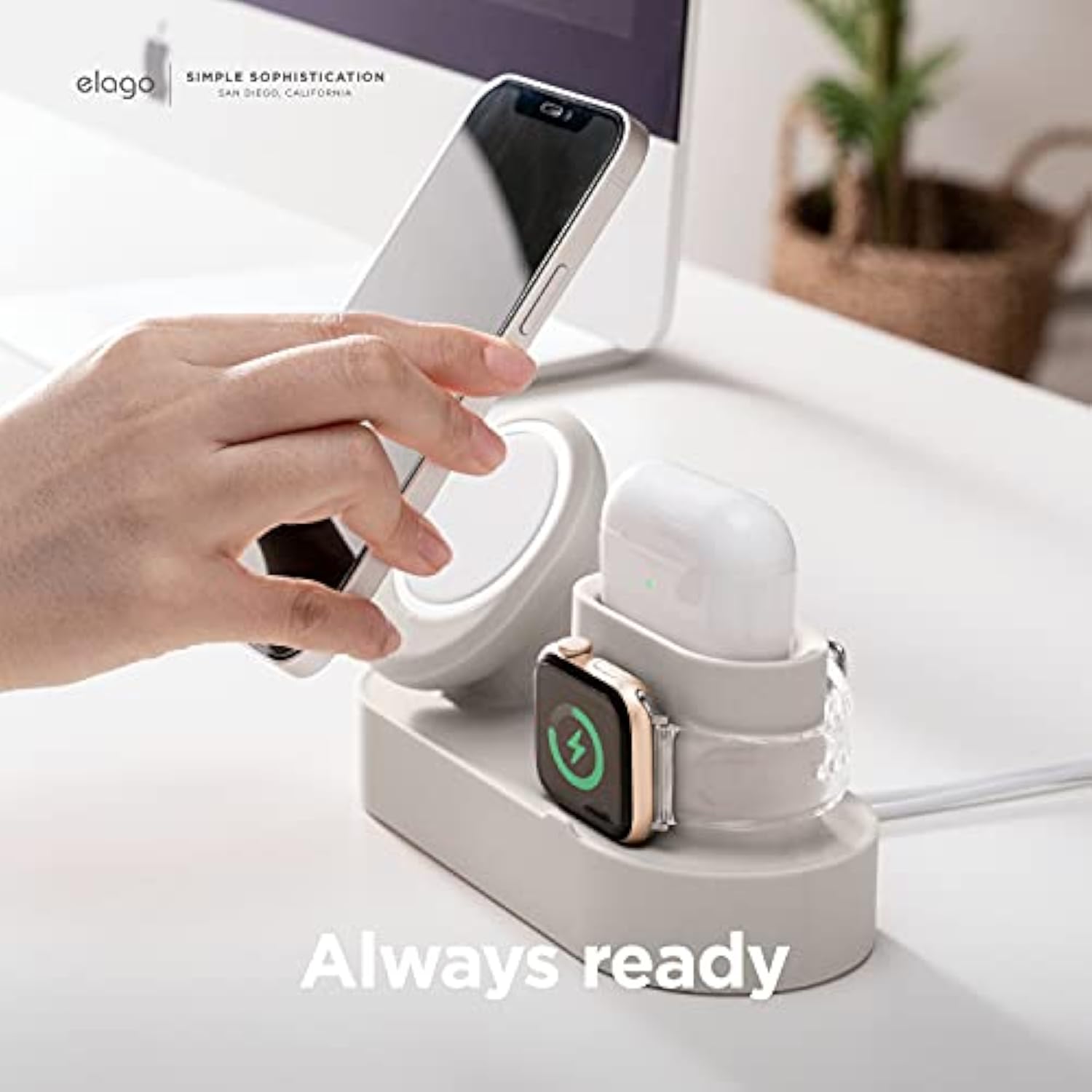 elago MS Charging Station 2 - Compatible with iPhone 17/16/15/14/13/12 Series, AirPods Pro 2/Pro, AirPods 4/3 and All Apple Watch Series [Stone] [Charging Cables Not Included]