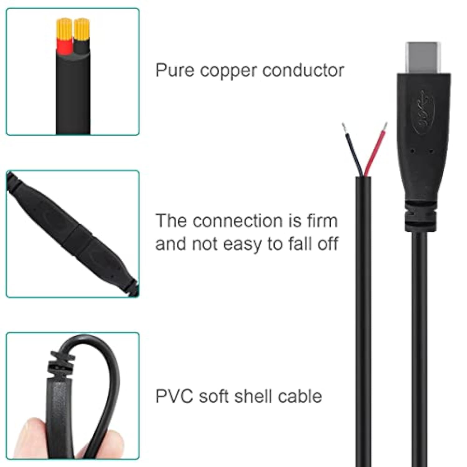 Usb C Connector Diy Solderable 2 Wire Power Supply Extension Cable Charger Con