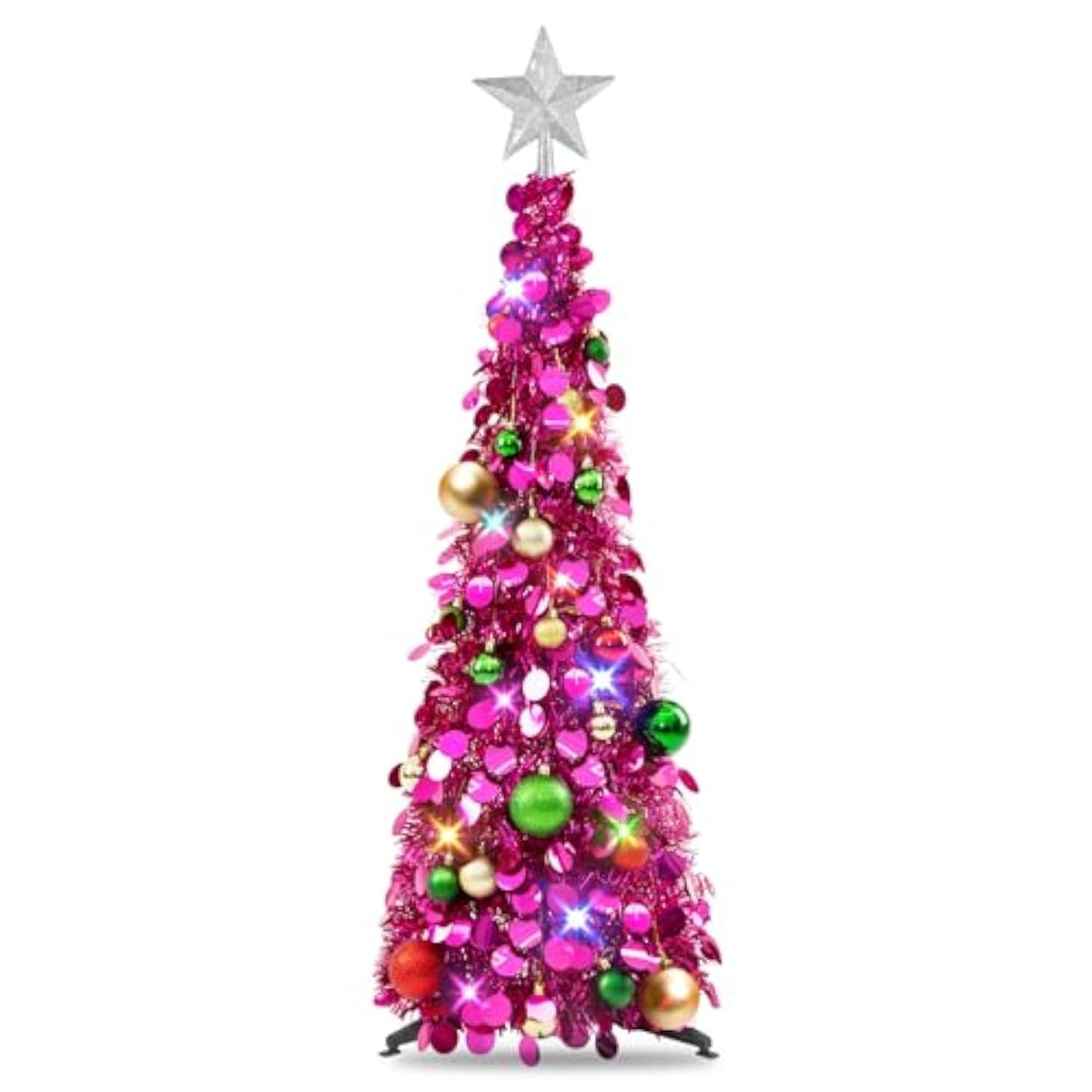 Pop Up Christmas Tree With Lights, Collapsible Tinsel Xmas Tree Decorations, Pencil Christmas Tree Skinny Tree For Holiday Xmas Home Office Decor, 25 Balls, 3Ft, Fuchsia