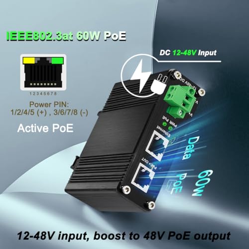 Industrial 60W Poe Injector, Hardened Gigabit Poe+ Injector Ieee802.3At 60W 48V Poe Adapter Power Over Ethernet With 12-48V Dc Input Din Rail Mount