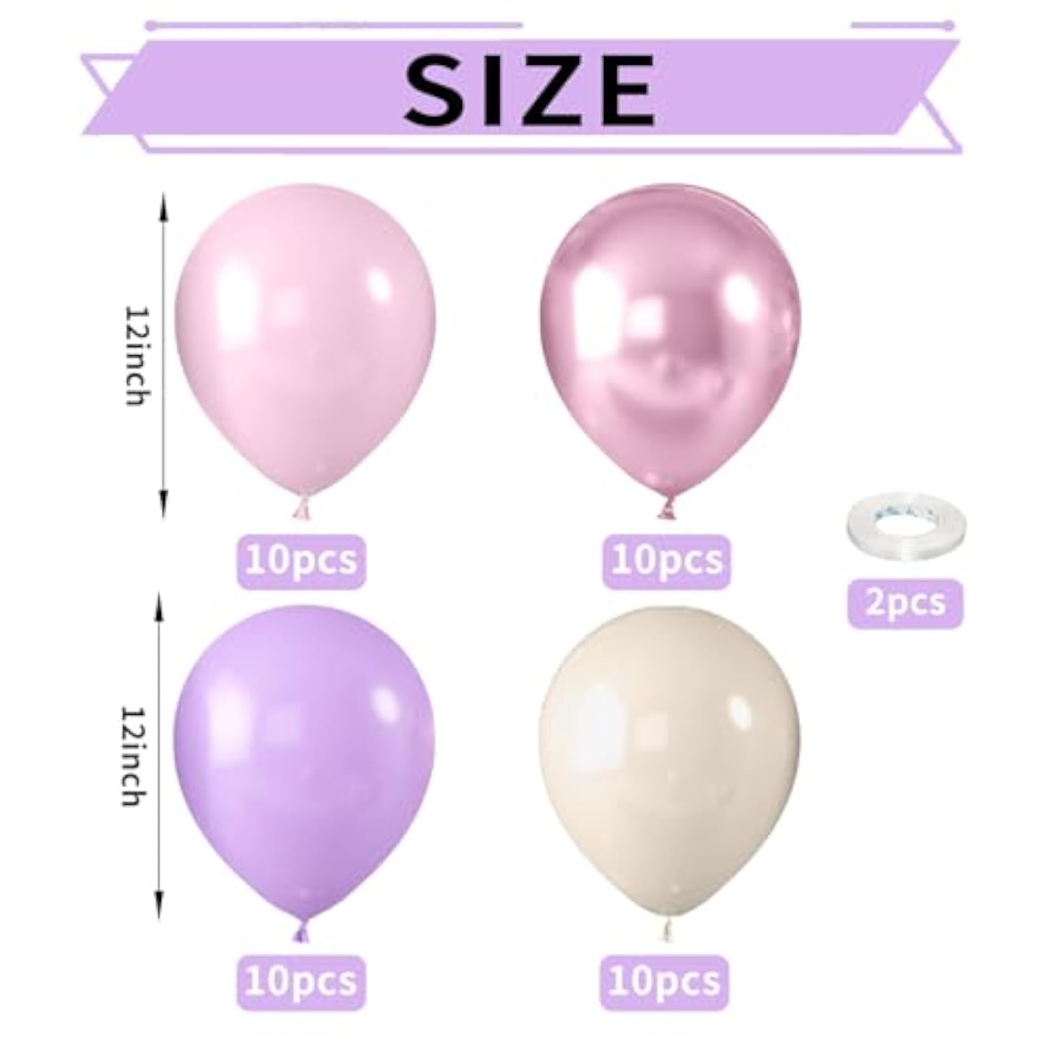 52 Pcs 12 Inch Metallic Chrome Pink And Purple Latex Balloons For Girls Birthday, Baby Shower, Wedding Party Decoration