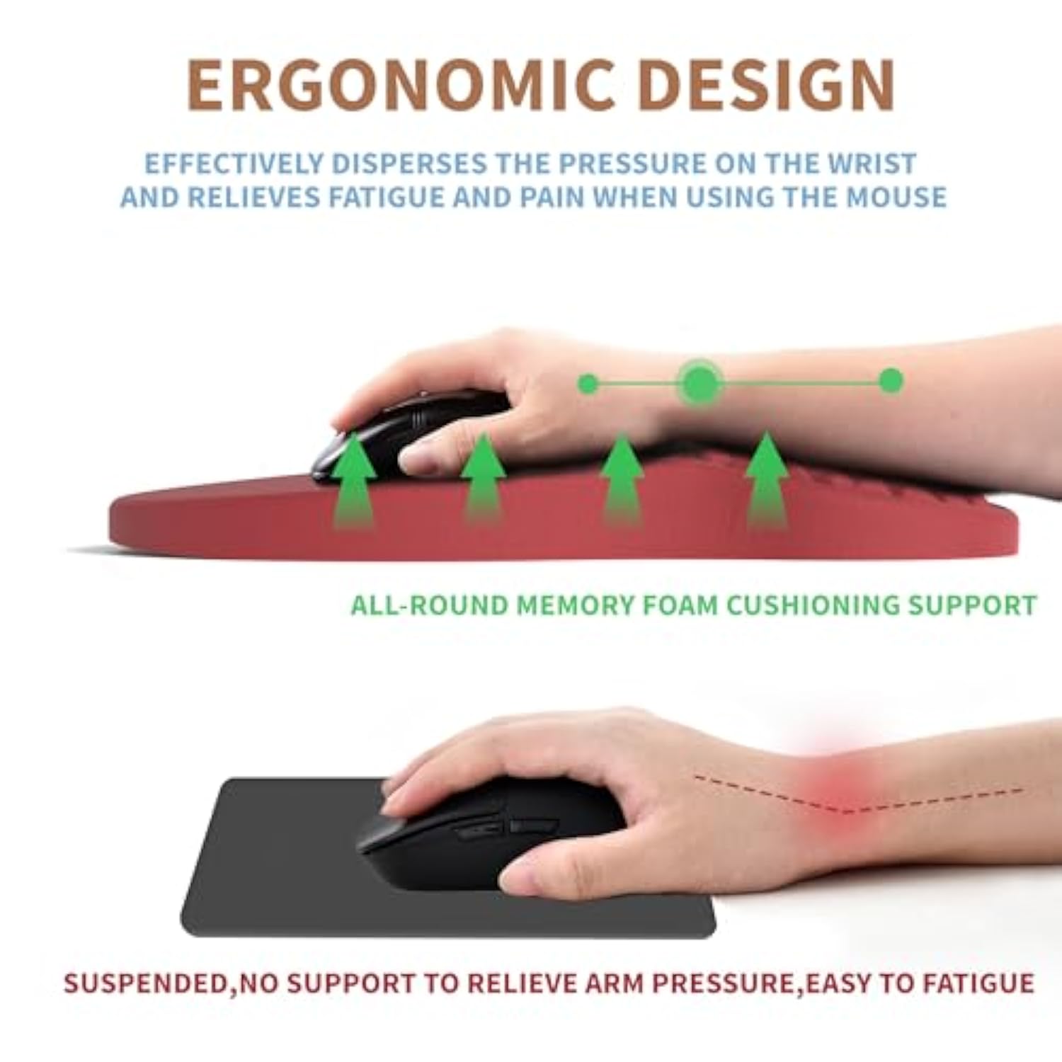 Ergonomic Mouse Pad Wrist Support With Massage Design, Pain Relief Mousepad With Wrist Rest, Memory Foam & Non-Slip Pu Base, Red Mouse Pads For Desk, Office & Home
