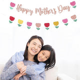 Happy Mother's Day Banner Set Decoration for Mother's Day Party Decorations Backdrop Garland for Mom Mother's Day Glitter Garland Photo Props (Rose Gold Tulip)