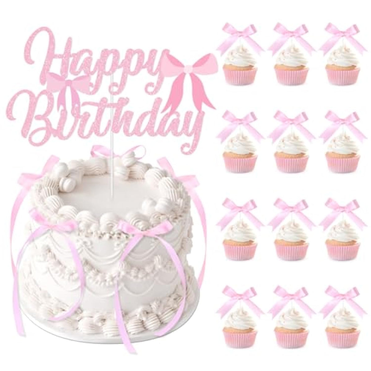 Pink Bow Cake Toppers, Happy Birthday Sign, 12Pcs Ribbion Bow Cupcake Toppers & 6Pcs Cake Toppers For Pink Bow Birthday Decorations, Baby Shower, Bridal Shower, Graduation Party