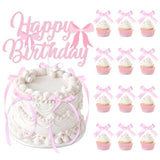 Pink Bow Cake Toppers, Happy Birthday Sign, 12Pcs Ribbion Bow Cupcake Toppers & 6Pcs Cake Toppers For Pink Bow Birthday Decorations, Baby Shower, Bridal Shower, Graduation Party