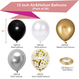 50 Pack Black Gold Silver 12 Inch Metallic Latex Balloons with Ribbon Party Decor