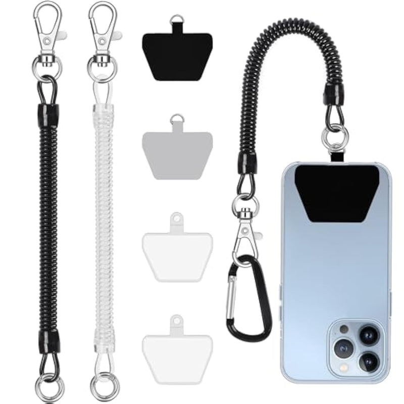 Phone Tether, 2Pcs Phone Lanyard Tether With 4*Patch And 1*Carabiner For Outdoor Hiking Cycling Climbing Skiing Compatible For Iphone Samsung Pixel Most Smartphones(Black+Clear)