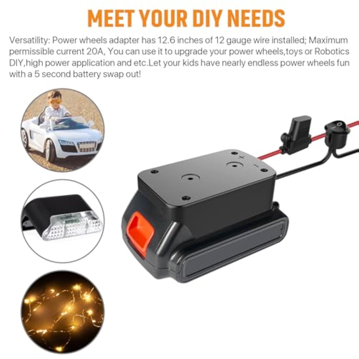 Power Wheel Adapter With Fuse&Switch, Secure Battery Adapter For 20V Max Lithium Battery,With 12 Gauge Wire, Good Power Convertor For Diy Ride On Truck, Robotics, Rc Toys And Work Lights