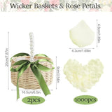2 Pcs Wicker Rattan Flower Girl Basket With 1000 Pcs Artificial Silk Rose Petals Wedding Flower Girl Basket With Pearl Handle And Bow Fairy Flower Basket For Weddings Bridal Anniversary Party Decor