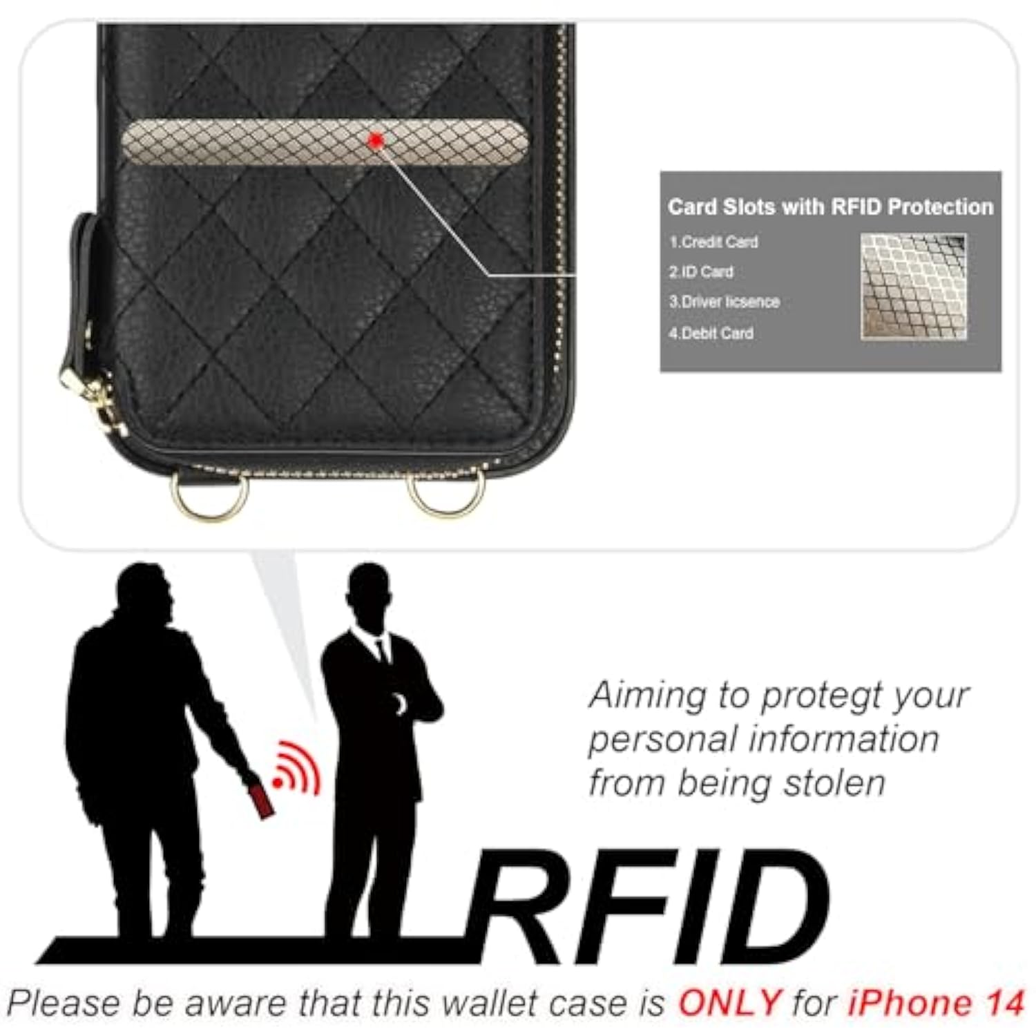 iPhone 14 Crossbody Wallet Case RFID PU Leather Card Holder Black